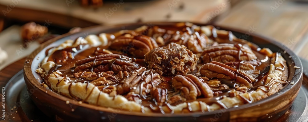 Delicious pecan tart topped with chocolate drizzle and whole pecans, served on a rustic wooden plate. Delicious pecan tart topped with chocolate drizzle and whole pecans, served on a rustic wooden plate.