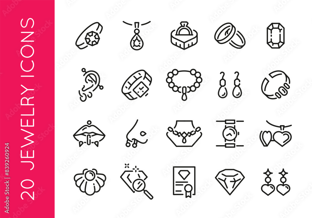 Obraz premium Jewelry icons. Set of 20 jewelry trendy minimal icons. Example: Ring, Necklace, Pendant, Bracelet, Earrings icons. Design signs for web page, mobile app, packaging design. Vector illustration