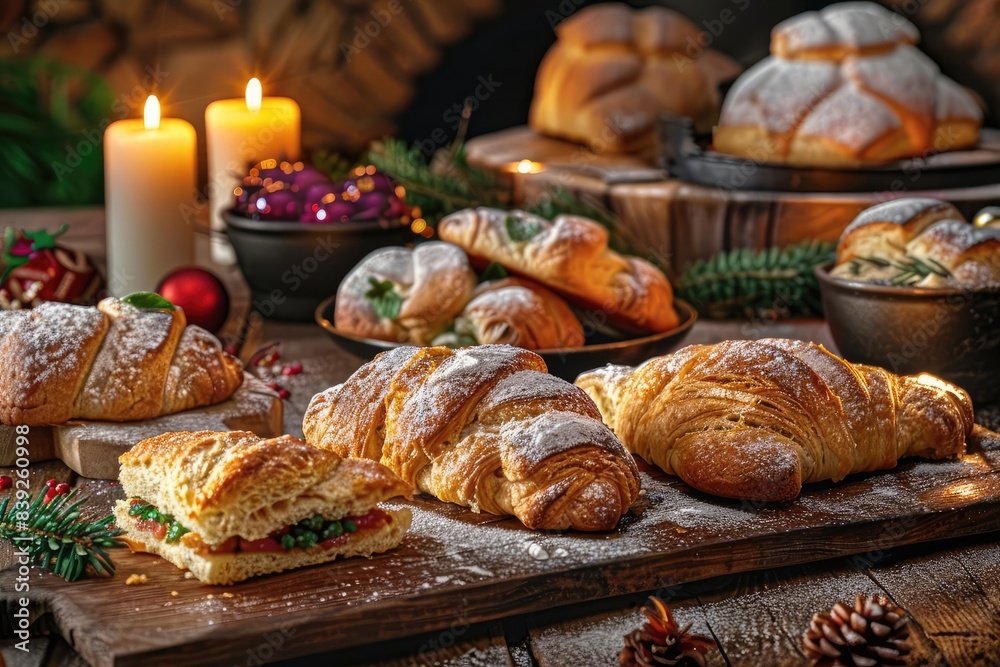A cozy setup featuring a variety of freshly baked pastries, croissants, and rolls, dusted with powdered sugar, perfect for breakfast or a holiday treat. A cozy setup featuring a variety of freshly baked pastries, croissants, and rolls, dusted with powdered sugar, perfect for breakfast or a holiday treat.