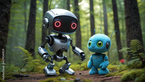 Adorable humanoid robots exploring a lush forest, Generative AI.
