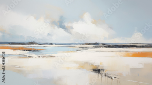 Coastal landscape art with white sands and clouds