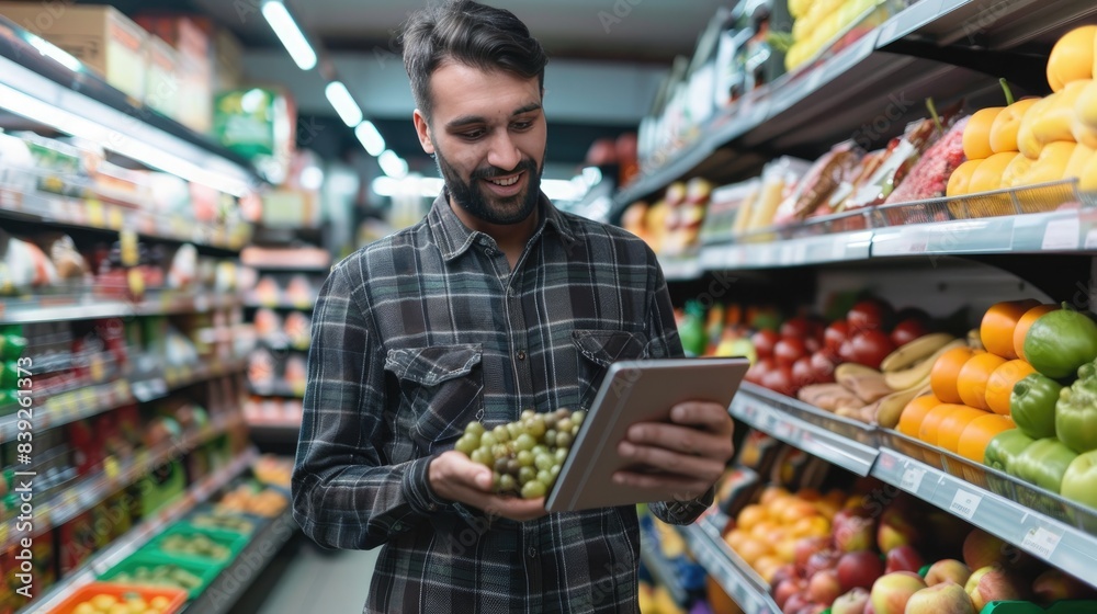 male store owner using a tablet check stock in her grocery, small business running concept, with copy space male store owner using a tablet check stock in her grocery, small business running concept, with copy space