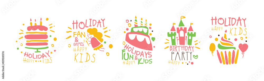 Kids Birthday and Holiday Party Entertainment Promo Signs Vector Set Kids Birthday and Holiday Party Entertainment Promo Signs Vector Set