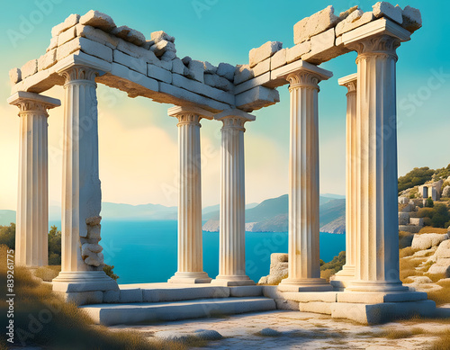 Ancient marble columns on a hill with the Mediterranean Sea in the background. Archaeological site.