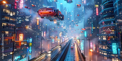 Cyberpunk City with Hovering Cars photo