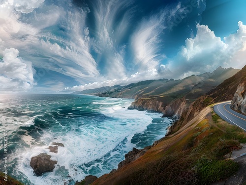 A beautiful ocean view with a road in the background