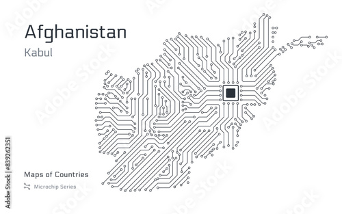 Afghanistan Map with a capital of Kabul Shown in a Microchip Pattern with processor. E-government. World Countries vector maps. Microchip Series	