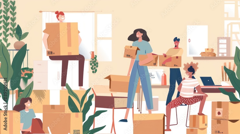 family is moving house with various boxes in new house vector concept family is moving house with various boxes in new house vector concept