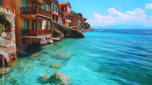 Mediterranean Coastal Village With Crystal Clear Turquoise Waters. Generative AI © nataliya_ua