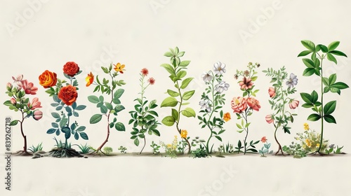 Species evolution as a growing family tree, each branch a different era, botanical illustration style
