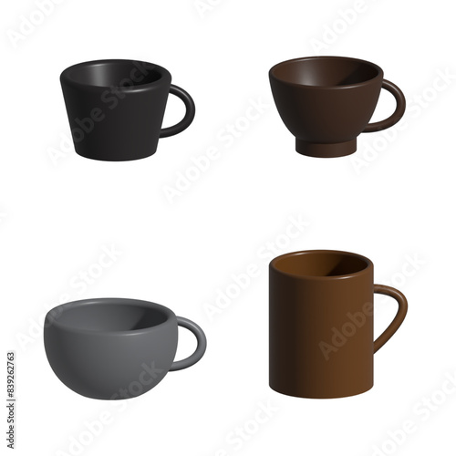 Set of coffee cups.3D cup collection in dark colors.
