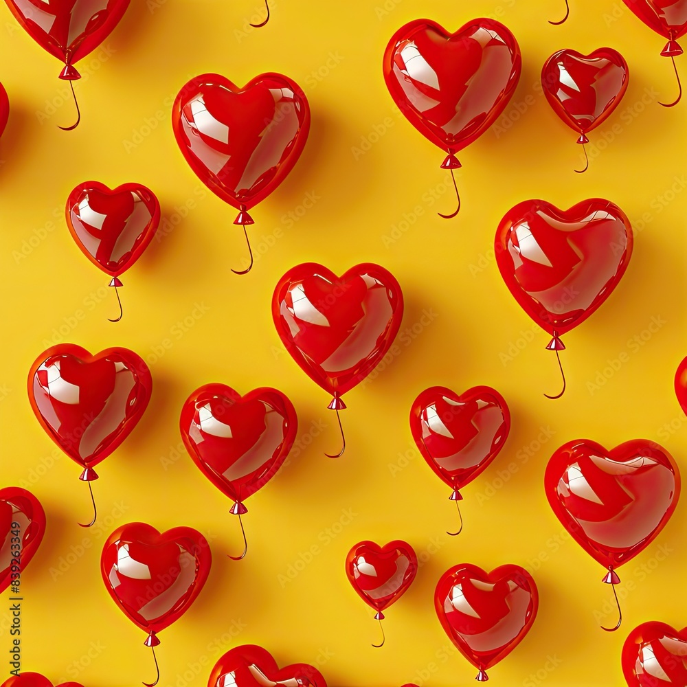 Pattern 3D cartoon red inflatable hearts on a yellow background. Illustration for a romantic card, romantic decor, print. Print on fabric, paper, packaging. Pattern 3D cartoon red inflatable hearts on a yellow background. Illustration for a romantic card, romantic decor, print. Print on fabric, paper, packaging.