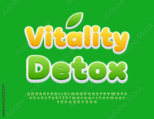 Vector healthy logo Vitality Detox. Bright Green Font. Modern set of Alphabet Letters and Numbers.