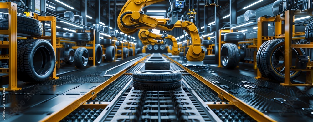 Car tire production line with robot arms and car tires on a conveyor belt in a modern factory, with cinematic lighting, in high resolution photography Car tire production line with robot arms and car tires on a conveyor belt in a modern factory, with cinematic lighting, in high resolution photography