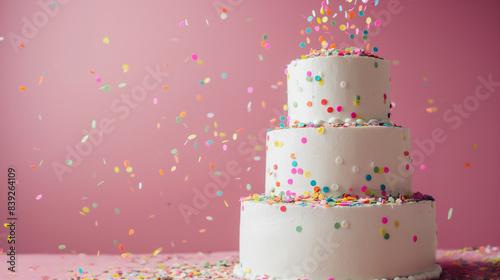 O bolo branco de três camadas é decorado com confetes. Fundo rosa e espaço vazio para texto. Dia Internacional do Bolo. photo