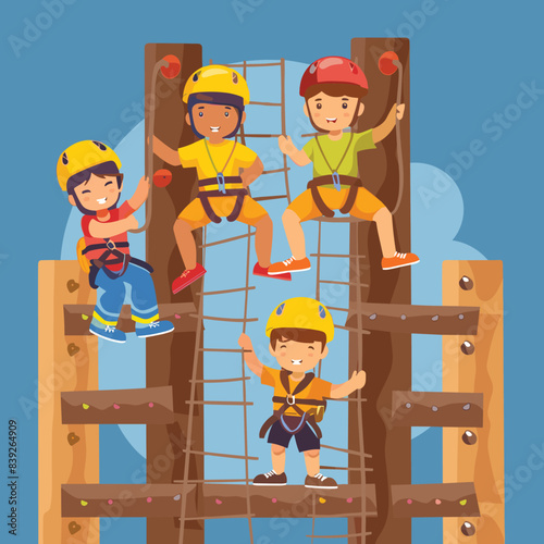 Four children climbing playground equipment, wearing helmets harnesses safety. Diverse kids enjoying adventurous play, climbing nets wooden ladder play structure. Cartoon illustration joyful