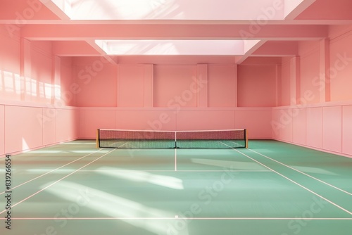Minimalist tennis court with pastel pink walls and a green floor