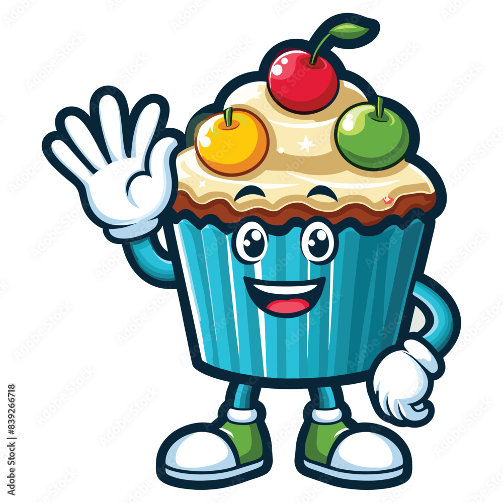Obraz premium mascot cupcake waving hand vector