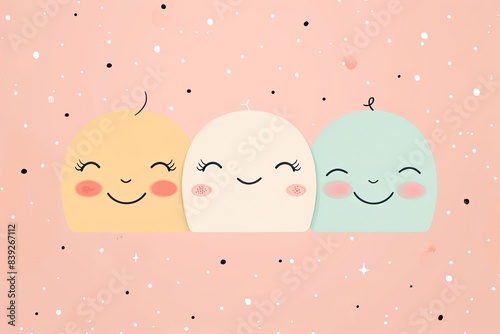 Minimalist cartoon faces with simple features like eyes and smiles, on a soft pastel background photo