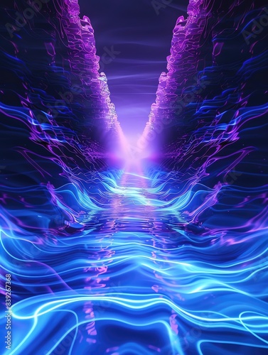 Electric blue and purple digital sound patterns, floating light vibrations, peaceful and modern environment photo