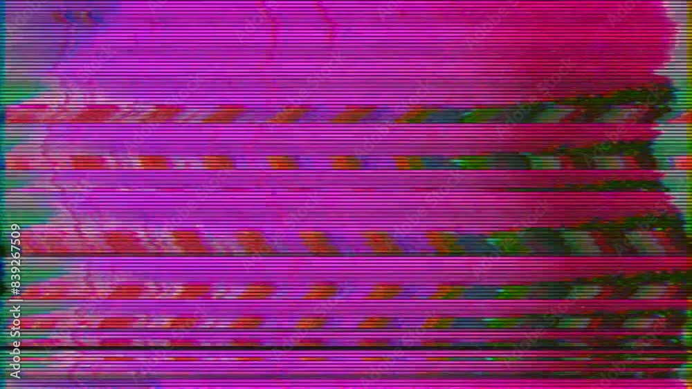 Neon pink and green glitch art with horizontal distortion and pixelated texture.