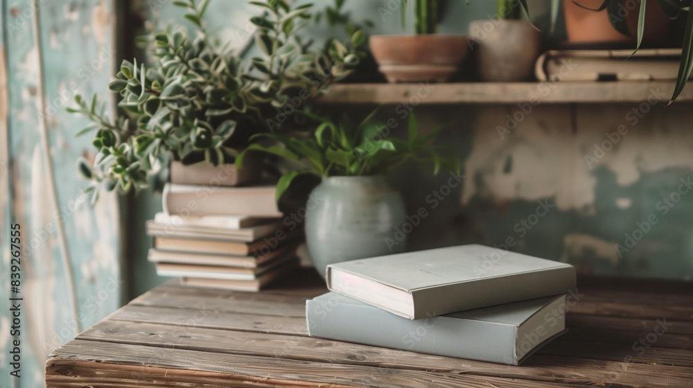 Two gray books on a wooden table with plants in the background Two gray books on a wooden table with plants in the background