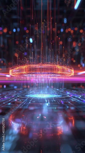 Floating holographic time gateway with vibrant light trails, ethereal and enigmatic, advanced tech atmosphere