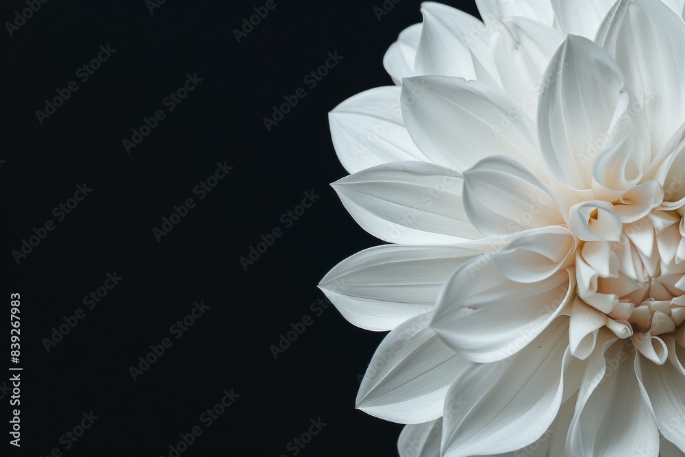 flower Photography, Dahlia White Perfection, copy space on right, Close up view, Isolated on Black Background flower Photography, Dahlia White Perfection, copy space on right, Close up view, Isolated on Black Background