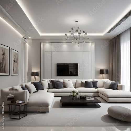 living room interior luxury white chandelier fabric corner sofa