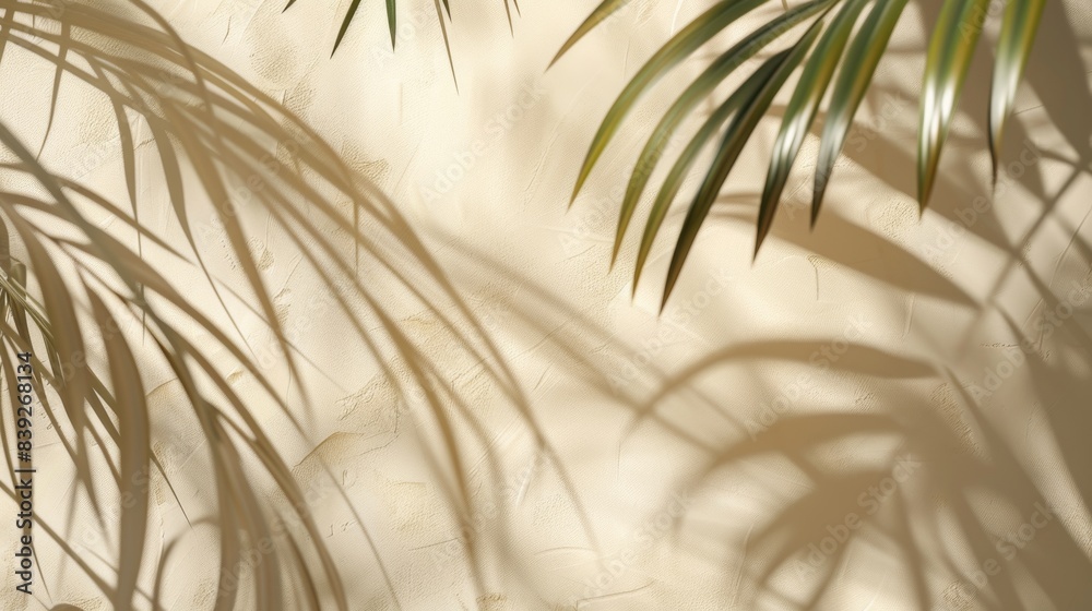 Obraz premium Blurred shadow from palm leaves beautiful summer spring background for product presentation --ar 16:9 Job ID: 4484b763-359c-46b1-98b5-0ceaaf6117b7