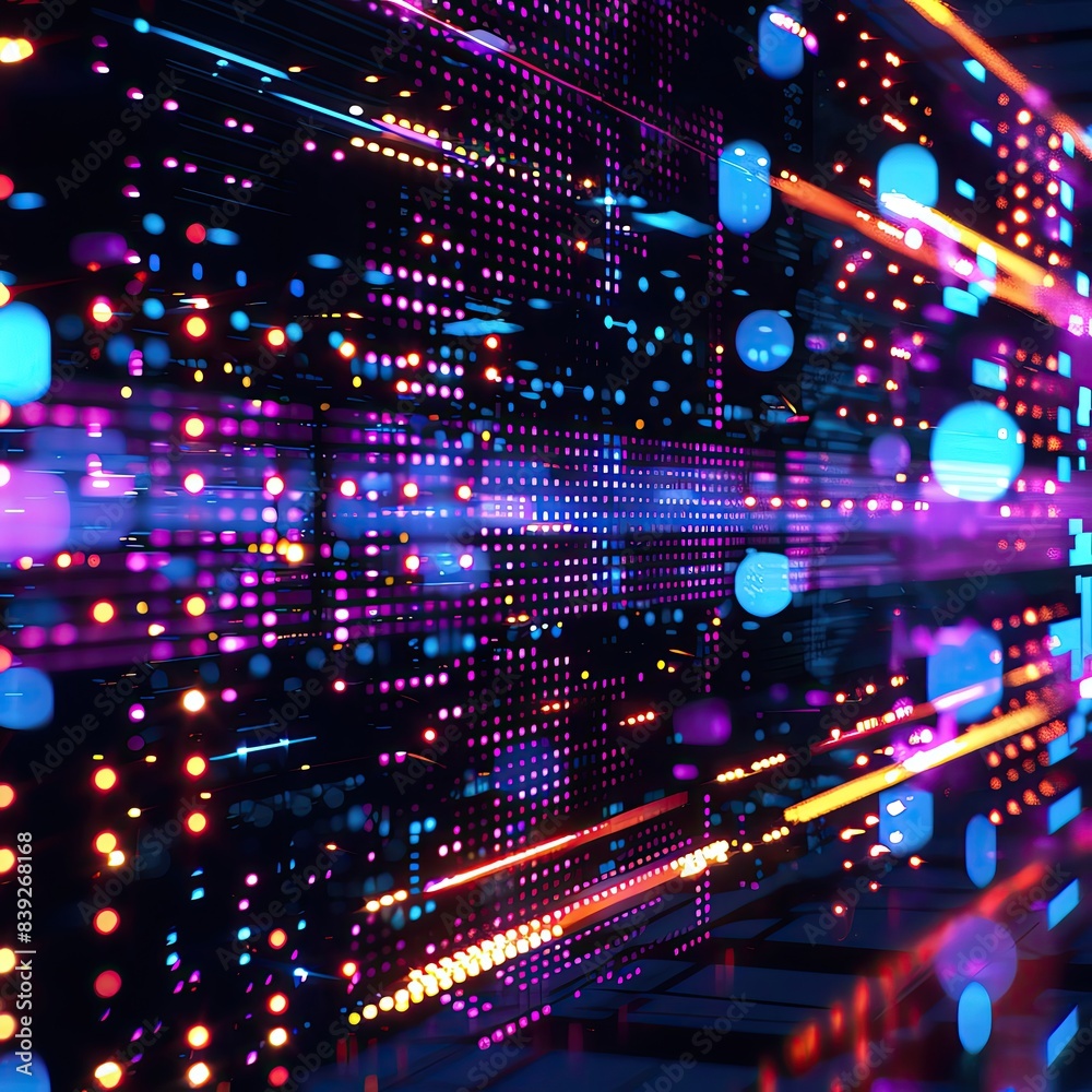 Holographic display with glowing elements, shimmering colors, futuristic digital aesthetic