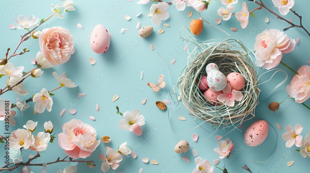 the magic of Easter from a bird's eye view with a captivating tableau set against a serene pastel blue background, where whimsical decorations and cheerful motifs come together to create a scene the magic of Easter from a bird's eye view with a captivating tableau set against a serene pastel blue background, where whimsical decorations and cheerful motifs come together to create a scene