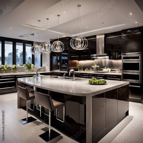 modern kitchen interior large island black white gloss