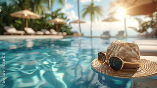 A straw hat and sunglasses are on a poolside chair