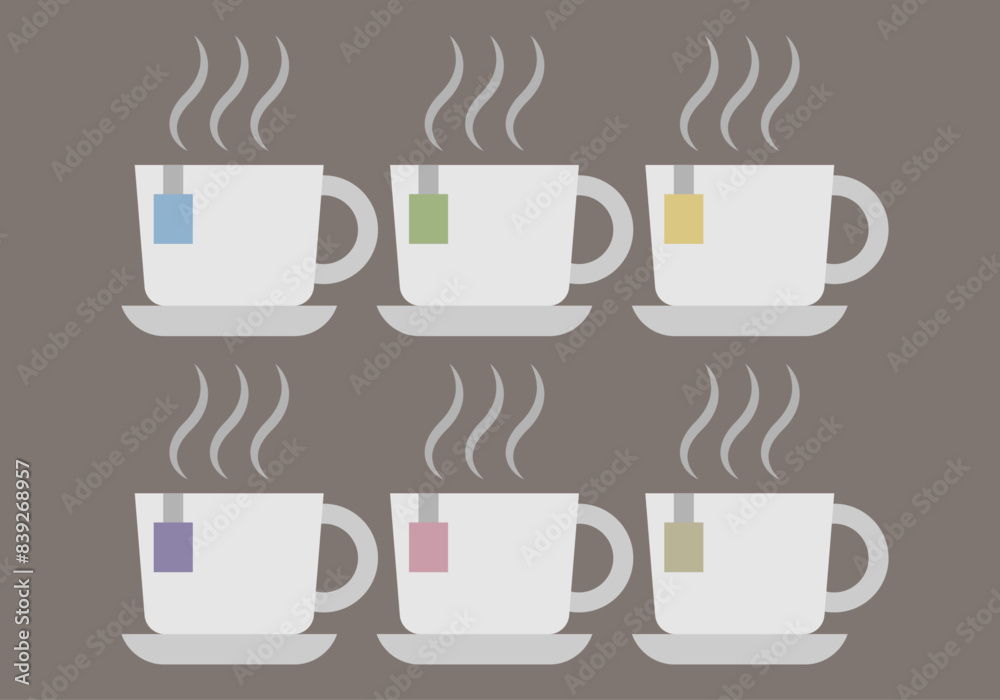 Tazas con infusión de diferentes tipos en fondo marrón.