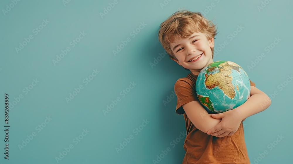 Happy cute little boy hugging globe isolated on light blue background. save the earth, Earth Day, Protecting environment concept Happy cute little boy hugging globe isolated on light blue background. save the earth, Earth Day, Protecting environment concept