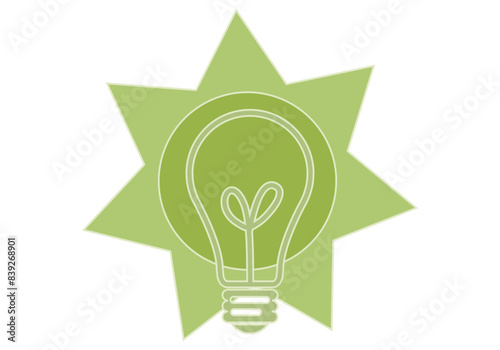 Icono verde de bombilla y sol de energía limpia. 