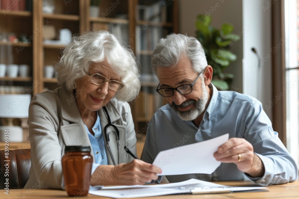 Elderly pair reviewing documents at desk Elderly pair reviewing documents at desk