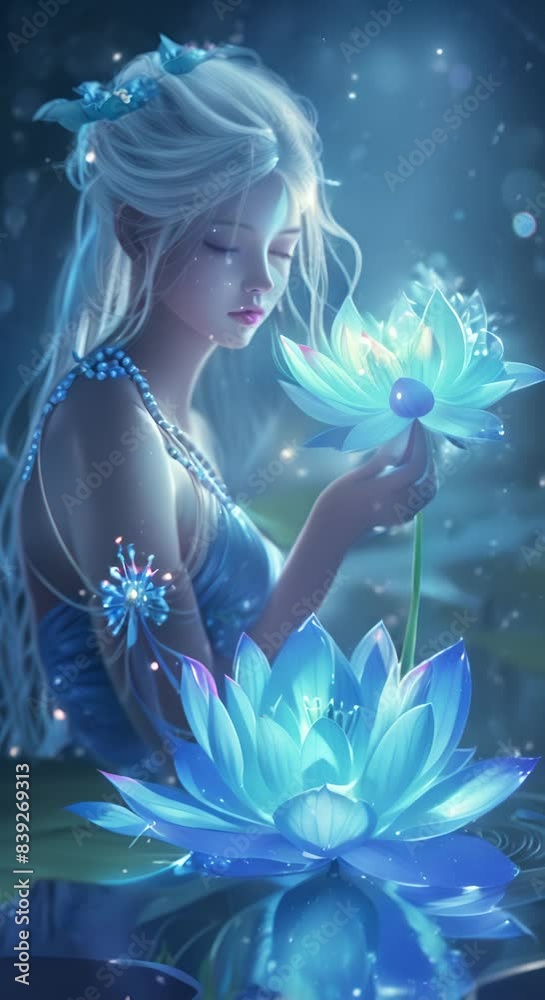 Beautiful young magical girl sitting in nature and holding a magical flower Beautiful young magical girl sitting in nature and holding a magical flower