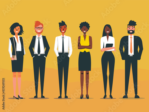 Group diverse business professionals standing together, smiling, corporate team illustration. Six cartoon characters, multicultural office workers formal attire, confident poses, flat design style