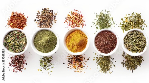 spice blends on white background. concept of food ingredient for designer.