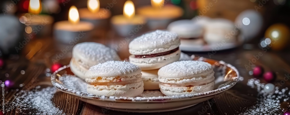 Festive plate of French macarons with powdered sugar, surrounded by candles and decorations, perfect for a holiday celebration. Festive plate of French macarons with powdered sugar, surrounded by candles and decorations, perfect for a holiday celebration.