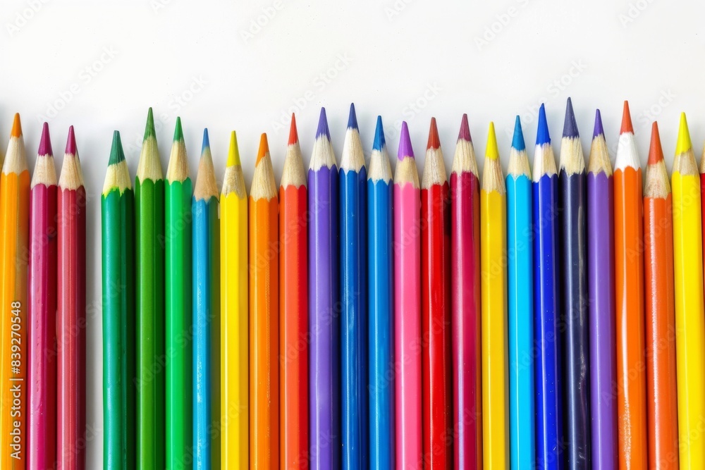 Close-up row colored pencils with one pencil center Close-up row colored pencils with one pencil center