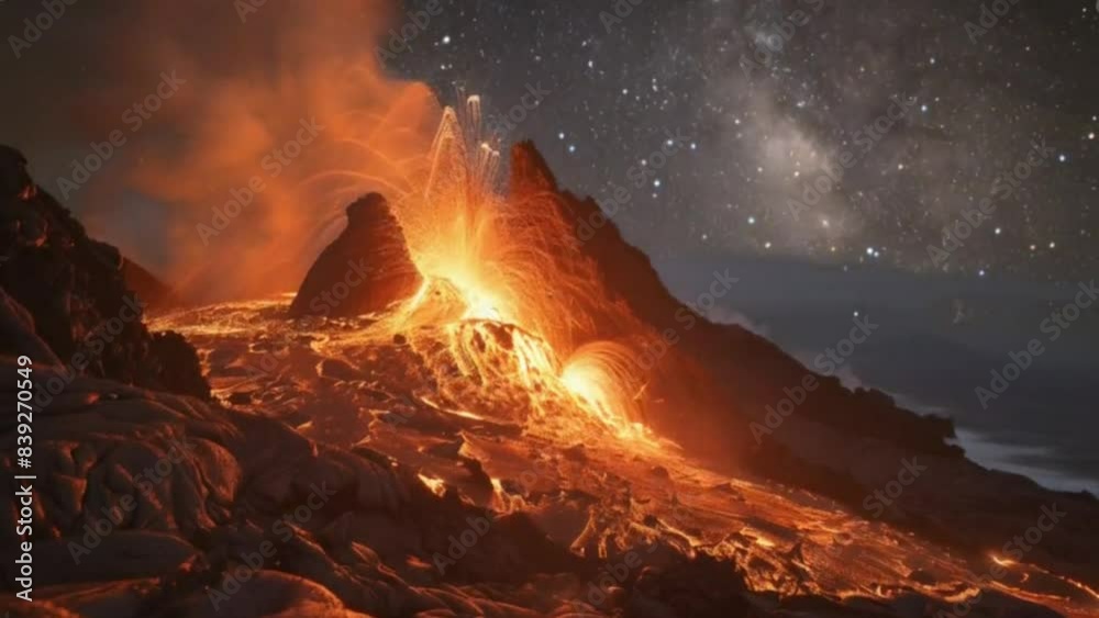 Epic Volcanic Eruption at Night in a Dramatic Style with Fiery Colors ...