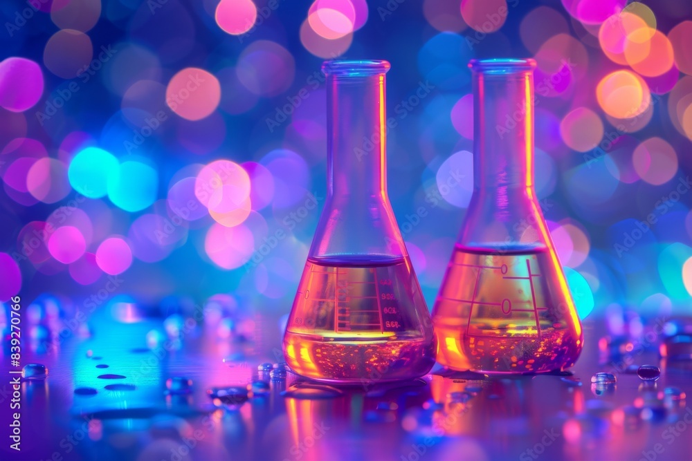 Two flasks containing colorful liquids on a desk