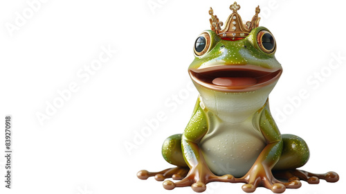 A green frog wearing a golden crown sits on a white background photo