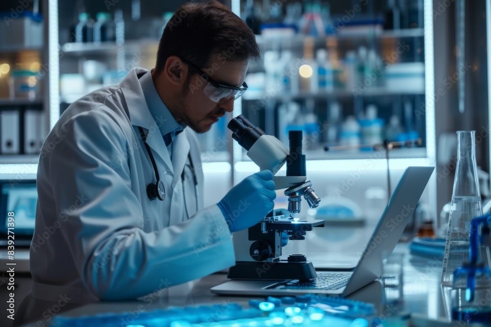 Man in lab coat examining specimen under microscope in lab Man in lab coat examining specimen under microscope in lab