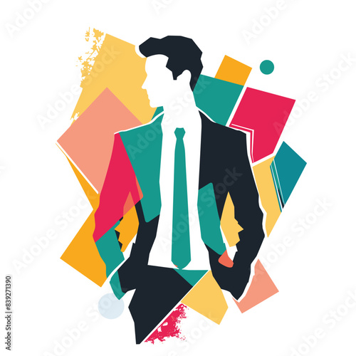 Stylish businessman silhouette abstract geometric background. Confident male professional modern art design elements. Creative corporate vector graphic isolated white background