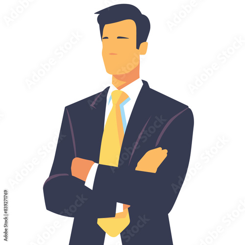 Confident businessman stands arms crossed smiling. Asian male professional wears suit tie. Successful entrepreneur confidence corporate pose