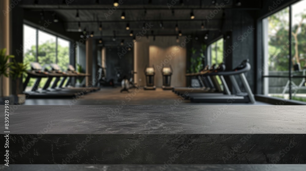 © Caterpillar - Tabletop in the gym for product presentation. Black empty concrete countertop mockup for sports nutrition.